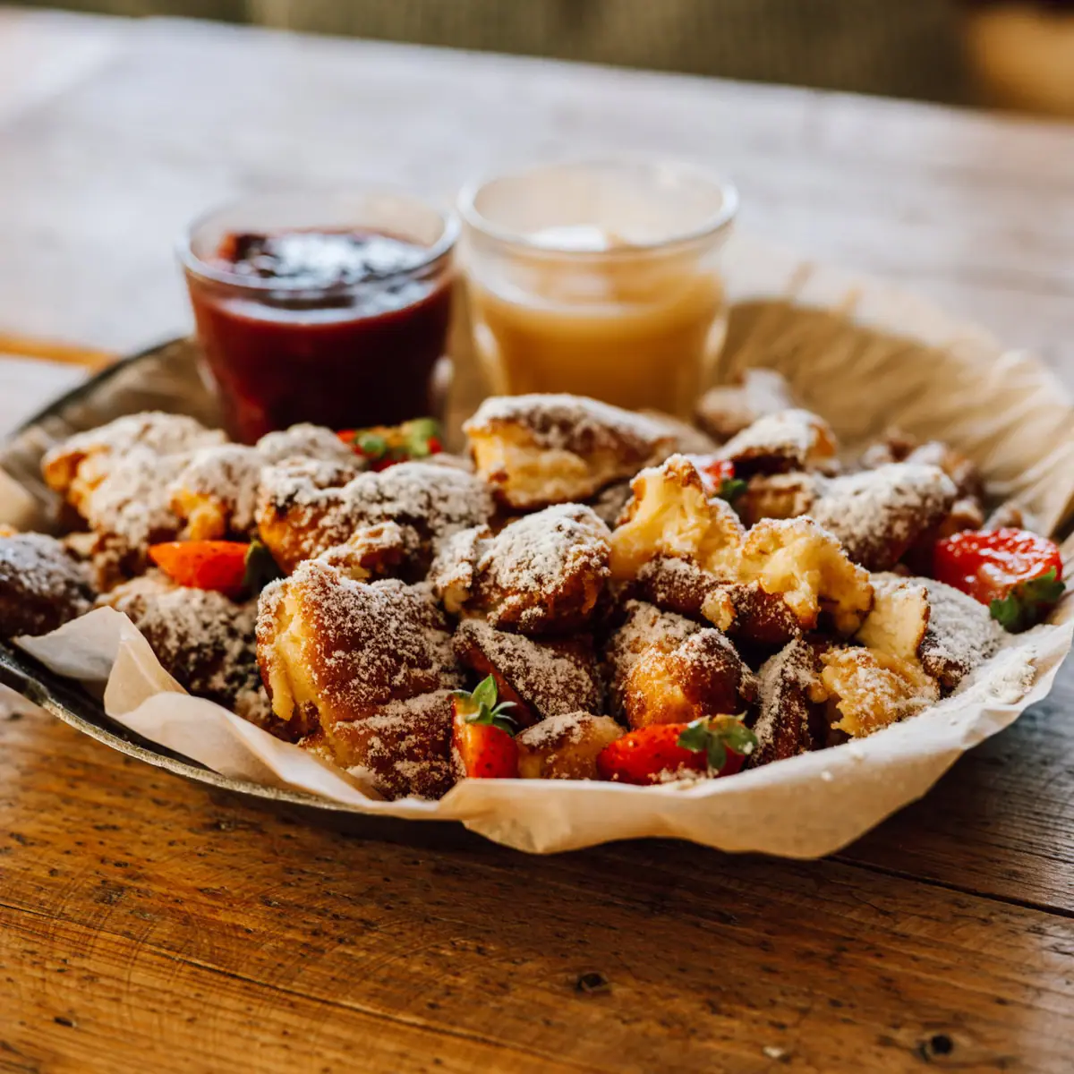 Kaiserschmarrn A plate of food and two jars of jam.