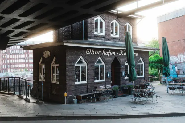 Oberhafen canteen A building with a sign on it.