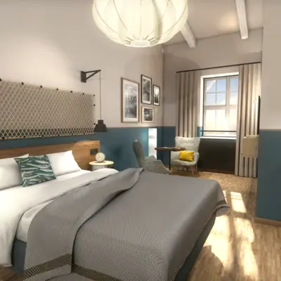 Rendering room HENRI Cuxhaven |© Geplan Design Bedroom with bed and chair, tastefully furnished.