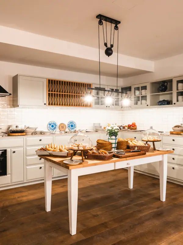 House kitchen A kitchen with a table with food on it.