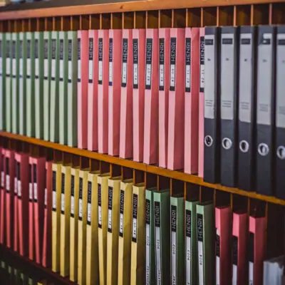 Folder at the reception A shelf with folders.