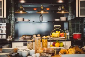 HENRI Breakfast Food on a kitchen countertop indoors.