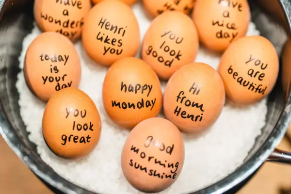 Eggs from the breakfast buffet Boiled eggs with funny HENRI sayings