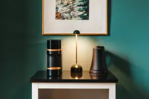 Coffee and tea station A framed picture on a wall.