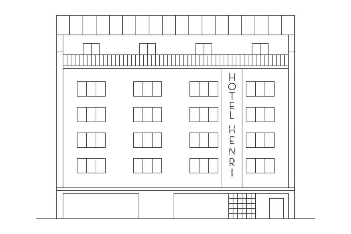 Sketch HENRI Vienna A sketch of the HENRI Hotel Vienna with many windows.