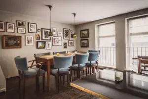 Dining area in the office kitchen Dining area with a table and chairs.