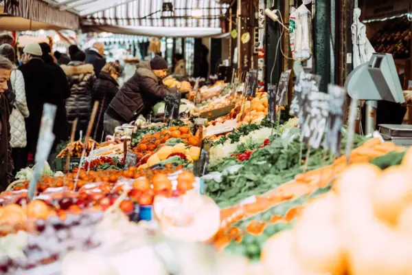 Vienna Naschmarkt Market with many fruit and vegetable stands