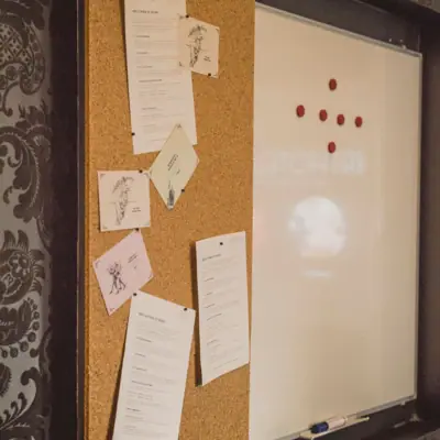 HENRI Berlin pinboard Pinboard with various papers and handwritten notes.