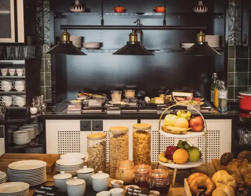 Breakfast A kitchen with food on the counter.