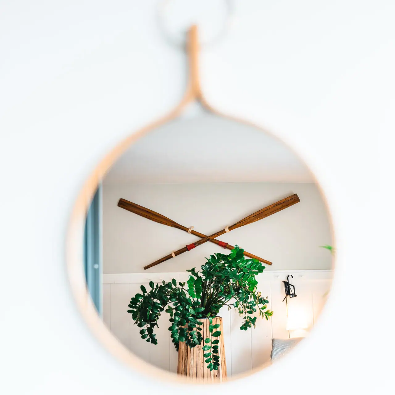 Mirror on a wall Mirror with a plant in a pot.