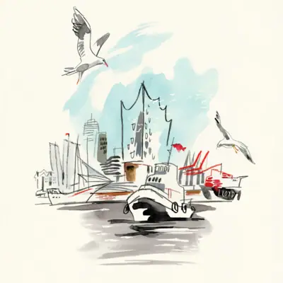 Drawing of the Port of Hamburg Illustration of Hamburg harbour with the Elbphilharmonie concert hall in the background and a launch and seagulls in the foreground