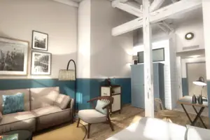 L-Studio A room with a sofa and a lamp.