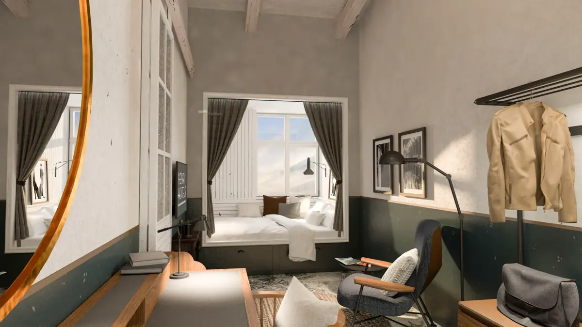 Room rendering HENRI Cuxhaven Interior view of a hotel room at the HENRI Hotel Cuxhaven with a bed, table and chairs.