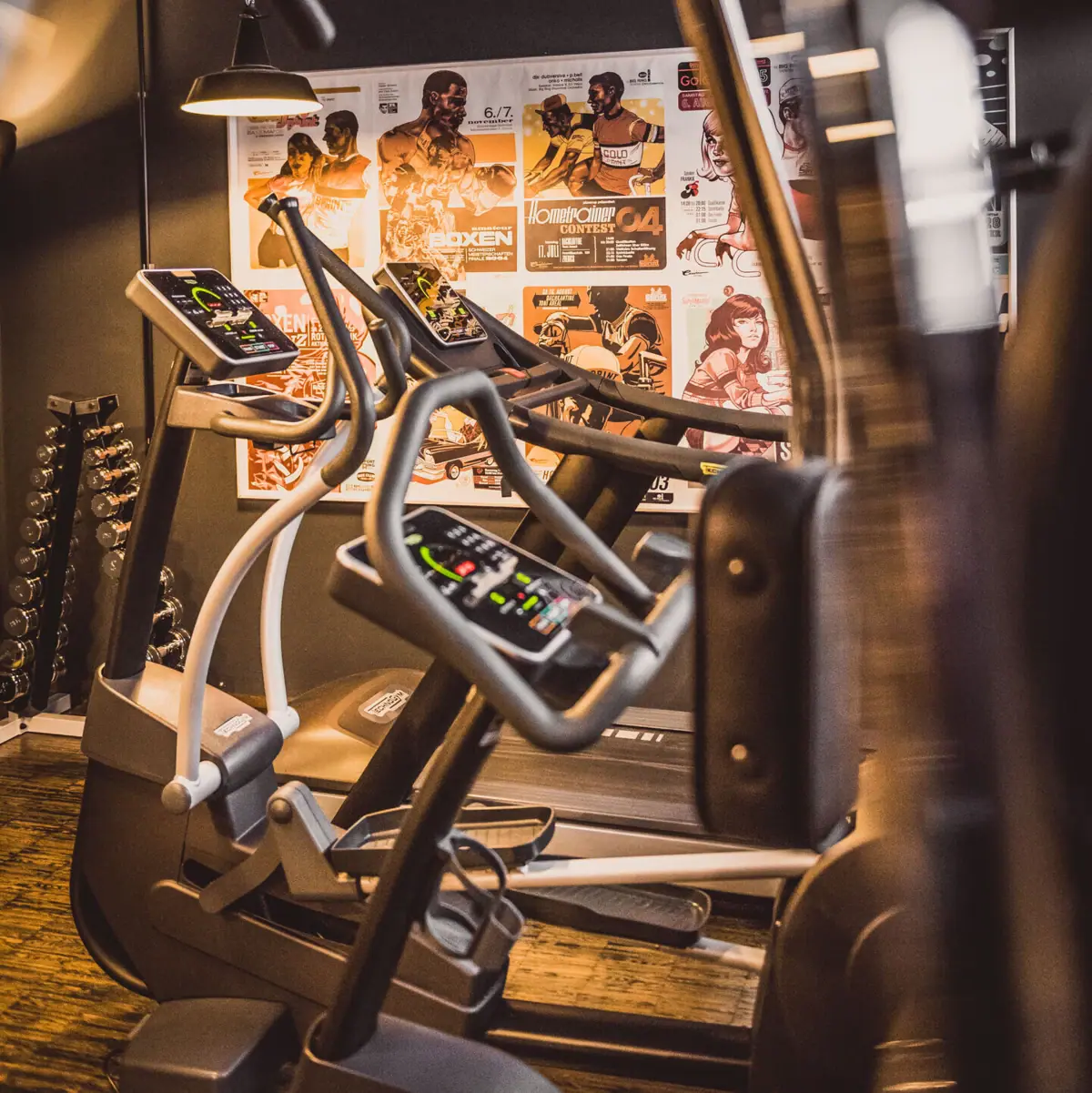 Fitness room at the HENRI Hotel Hamburg Rough, with fitness equipment and dumbbells.