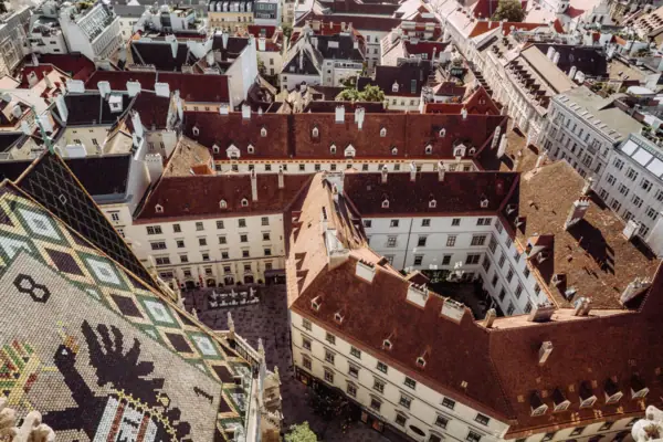 Vienna from St Stephen's Cathedral Aerial view of a city with buildings and houses.