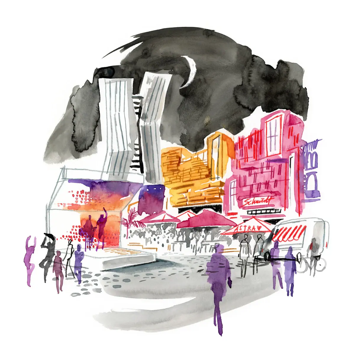 Coloured drawing of the Reeperbahn in Hamburg Illustration of the Reeperbahn in Hamburg