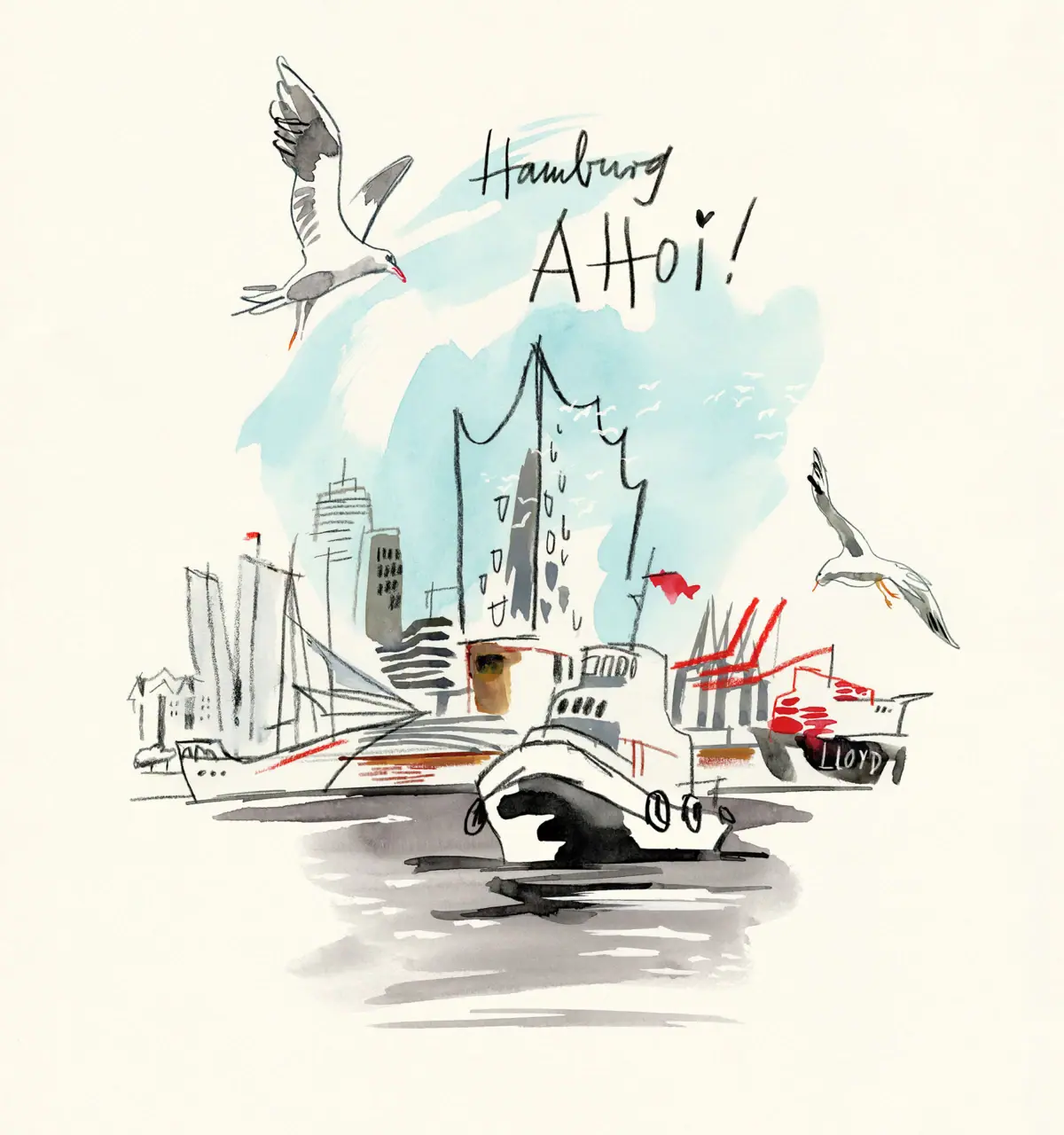 Hamburg Ahoy! Watercolour painting of a town with boats