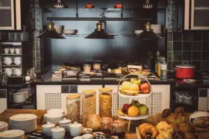 Breakfast buffet Kitchen with food on the worktop