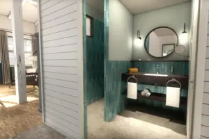 Bathroom Bathroom with round mirror and washbasin
