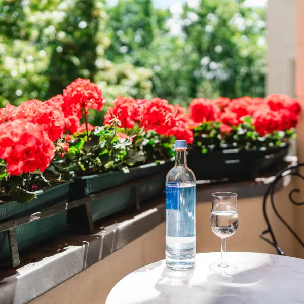 HENRI Hotel Berlin Balcony A bottle and a glass of water on a table with red flowers.