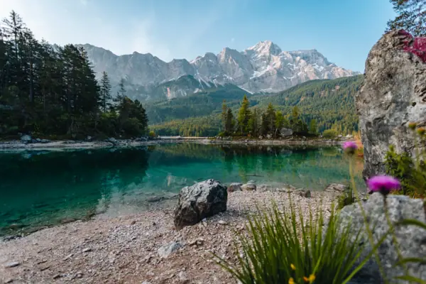 Eibsee in summer Lake Eibsee with trees and mountains in the background