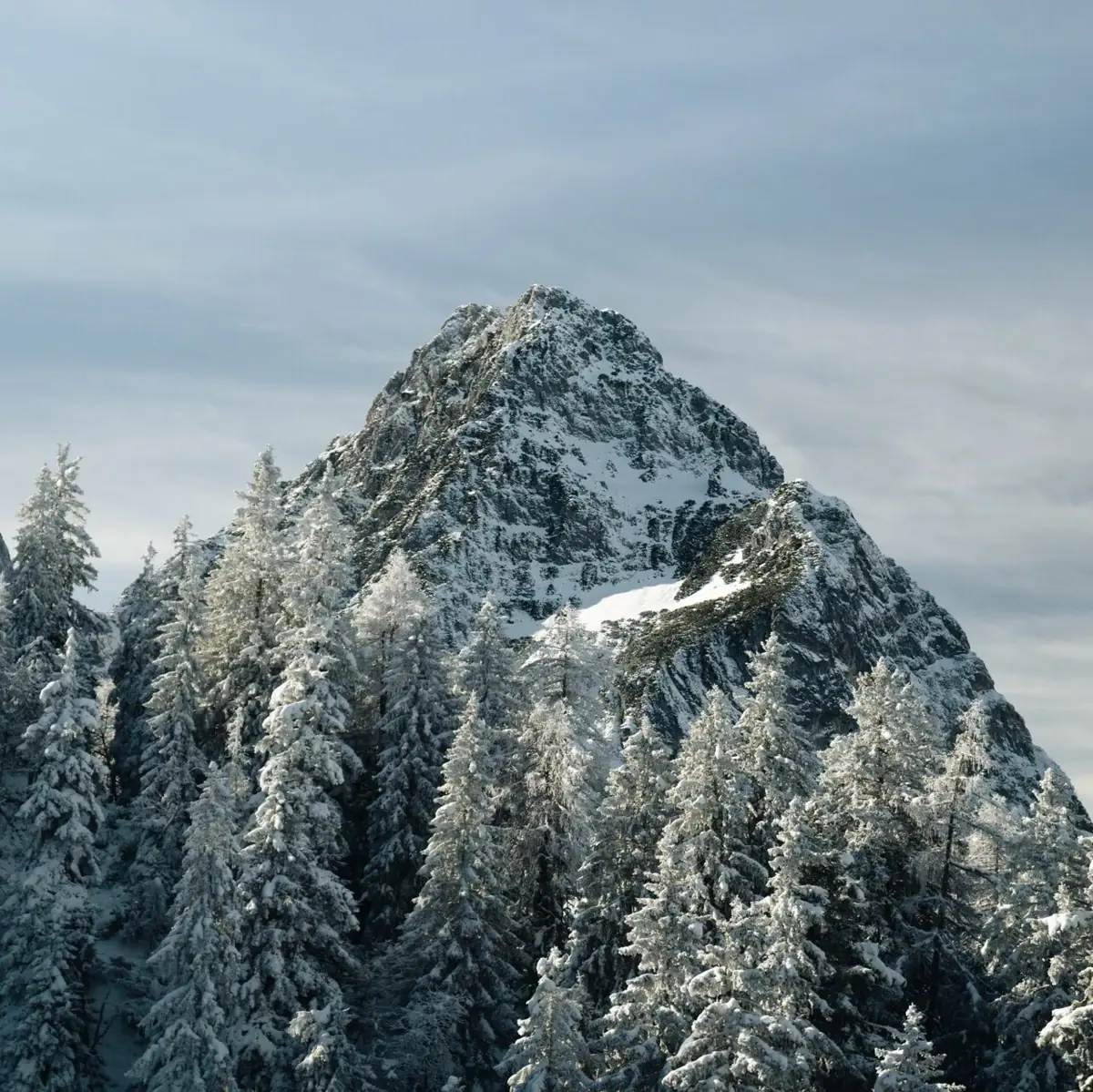 Garmisch-Partenkirchen Winter Snow-covered mountain with trees in the foreground.