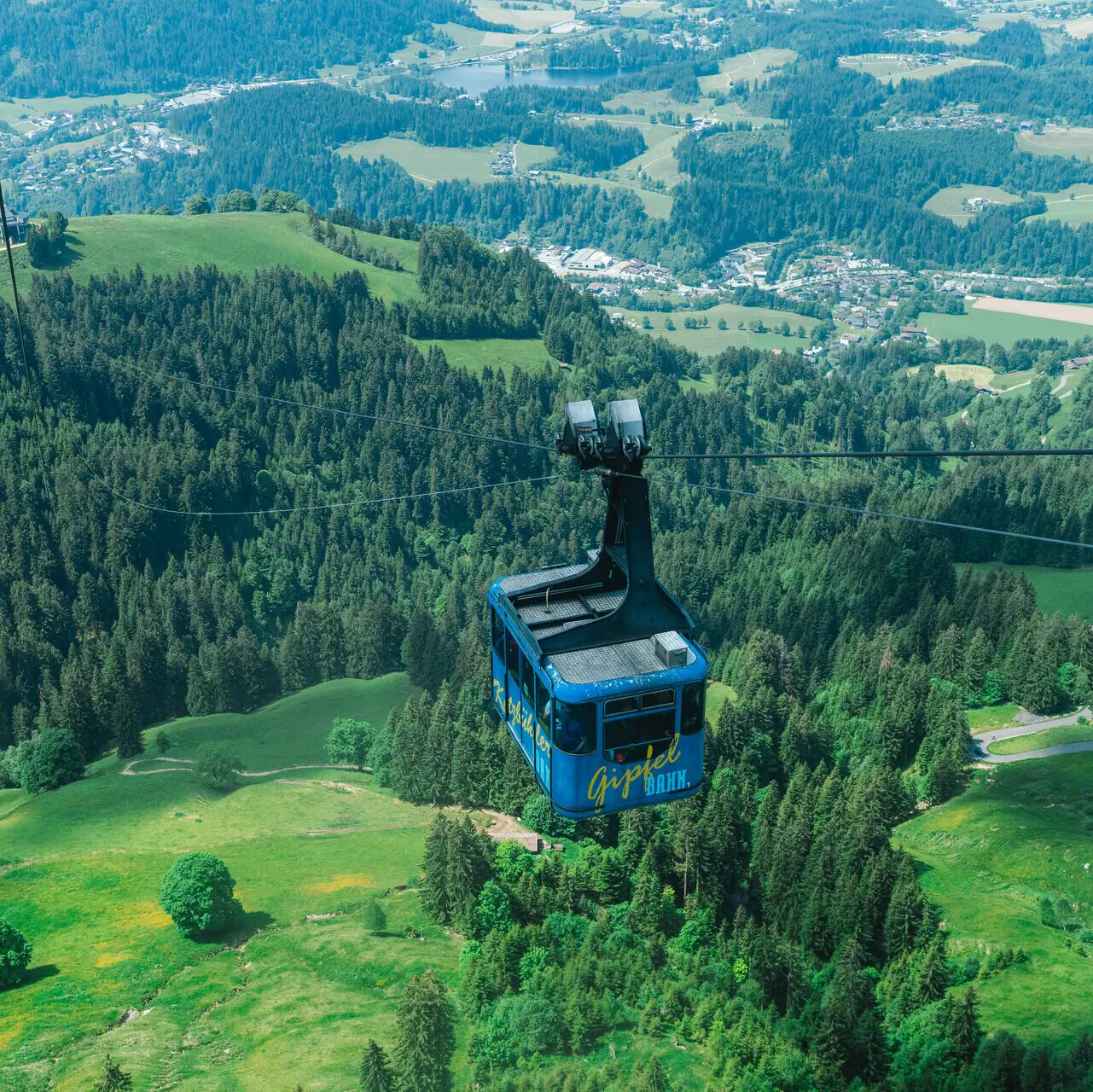 Blue cable car over a green landscape with trees and mountains in the background.