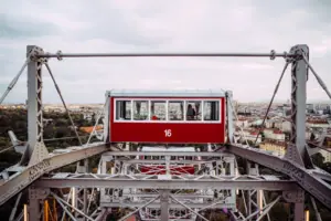 Prater Red and white ferris wheel against a cloudy sky.
