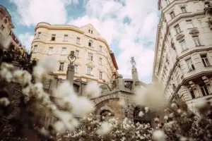 Building in Vienna Building with white flowers in front of it.