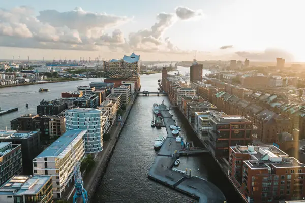 Hamburg from above A river with boats on it.