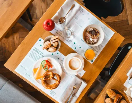 Breakfast A table with various dishes on it.