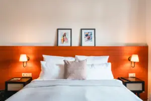 Bed Bed with white ceiling and red headboard