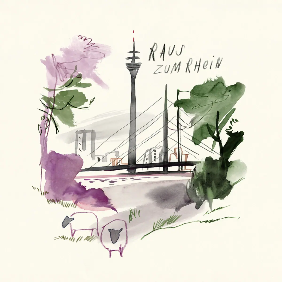 Illustration Düsseldorf Watercolour painting of the Rhine Promenade