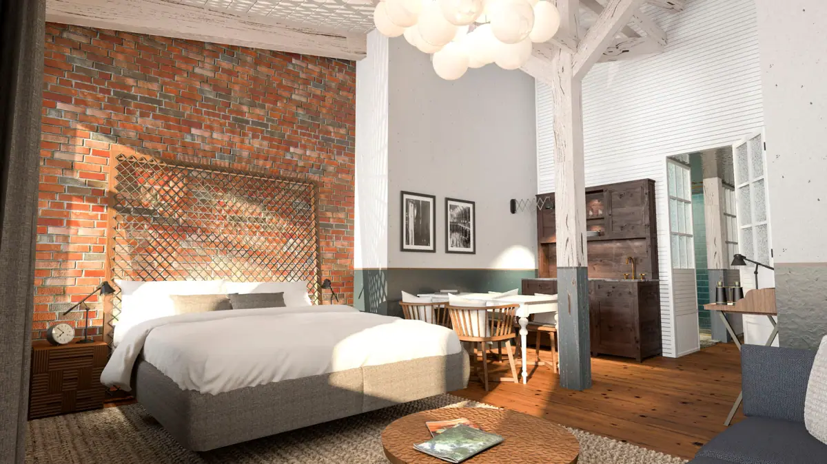 Hotel rooms at the HENRI Cuxhaven Interior view of a hotel room at the HENRI Hotel Cuxhaven with a bed, table and chairs.
