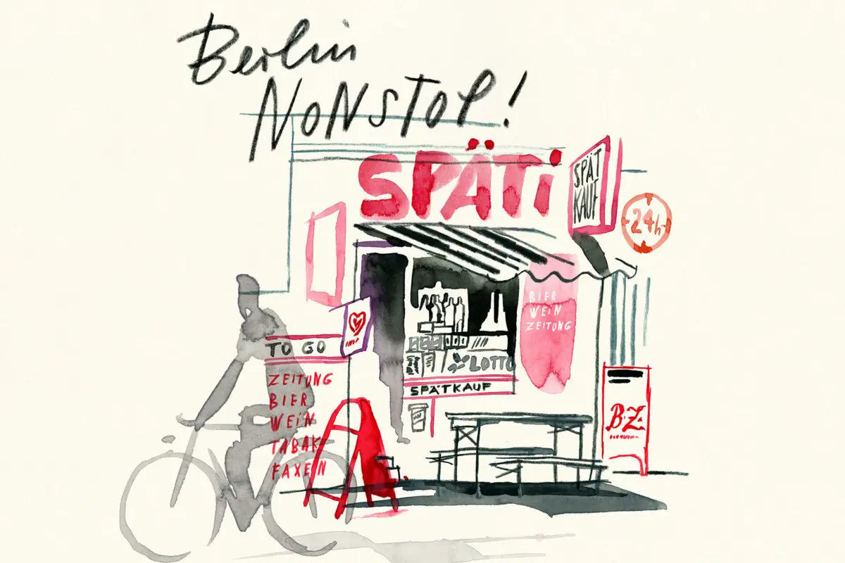 Berlin Illustration Drawing of a shop front with a bicycle.