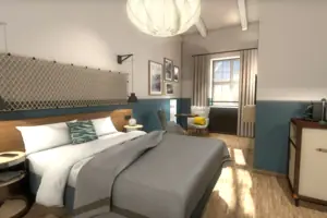 M-Studio A bedroom with a bed and a chair.